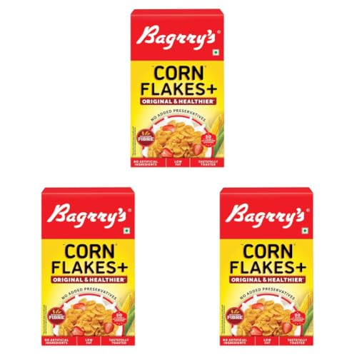 Image of Bagrry's Corn Flakes Plus 475g Box |Original and Healthier | Low Fat & Cholesterol | High Fibre |All Natural CornFlakes | Breakfast Cereal (Pack of 3)