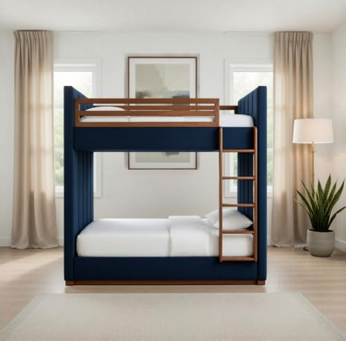 Image of STRATA FURNITURE Solid Wood Velvet Upholstered Bunk Bed with Ladder | Wooden Twin Over Double Bed for Bedroom Living Room and Home (Blue)