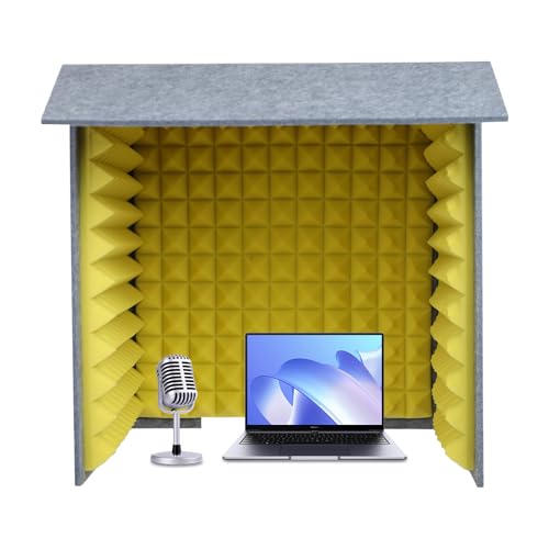 Cabina de grabación vocal de escritorio, cabina cuadrada portátil a prueba de sonido de 23.6 pulgadas, cubo de aislamiento para micrófono para hogares y estudios de grabación (Amarillo, Gris) miniatura 1