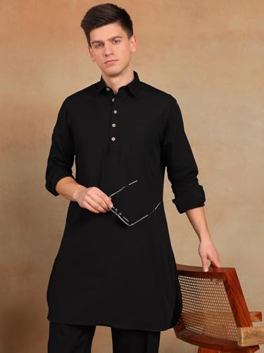 Image of See Designs Men's Full Sleeve Shirt Collar Solid Pathani Kurta with Salwar