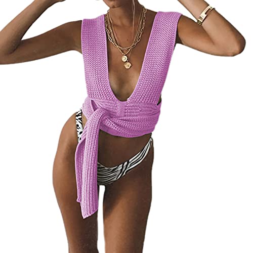 Image of JUMISEE Women's Sexy Wrap Around Strappy Crop Top Knit Multi Wear Sweater Tank Tops Sleeveless Bandage Vest