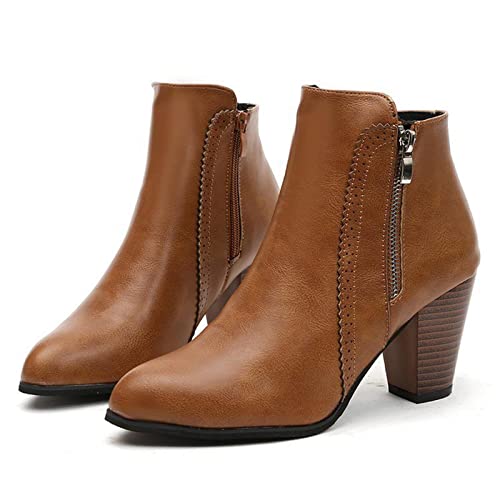oiangi Womens Boots Fall 2022 Ankle Booties Vintage Slip on Round Toe Side Zipper Chunky Block Mid Heel Booties Solid Casual Comfy Outdoor Ladies Shoes4