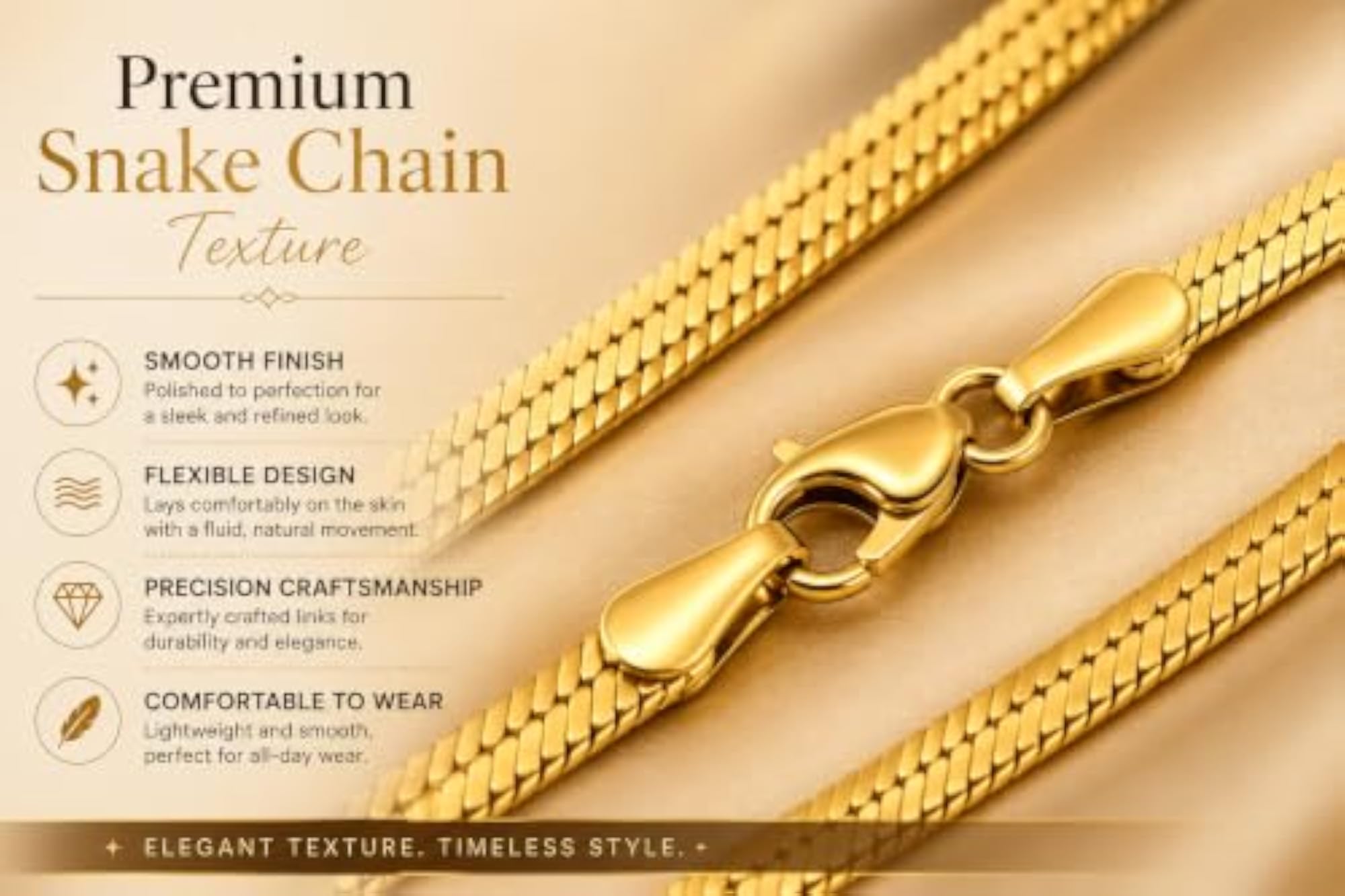 Premium Gold Finish Stainless Steel Snake Chain Necklace