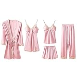 Chongmu 2-teiliges Schlafanzug für Damen, Übergröße, Bedruckte Nachtwäsche, Baumwolle, Schlafanzug-Set mit Hose,H0348-HomePJDE-Pink-L