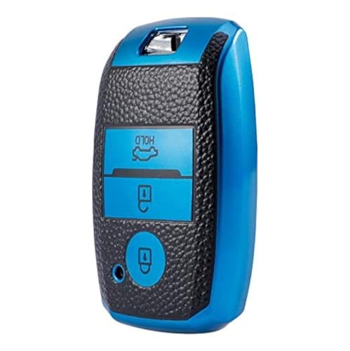 Image of JVCV Premium Soft TPU Leather Pattern Key Cover Compatible with Kia Seltos Sonet Carens 3 Button Push Start Car Key (Blue Black)