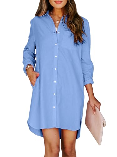 Image of Aoudery Womens Button Down Shirt Dresses with Pockets Cotton Button Up Tunics Long Sleeve Solid High Low Blouse Tops-Cyan Blue-L
