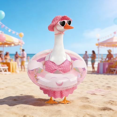 yuboo Summer Porch Goose Outfit Bikini Goose Outfits, Pink Easter Geese Outfits Clothes Costume with Sunglasses Swim Ring for 23in Summer Spring Porch Goose Outdoor Statues
