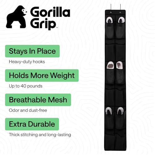 Image of GORILLA GRIP Over the Door Shoe Organizer, 12 Large Pockets, Black