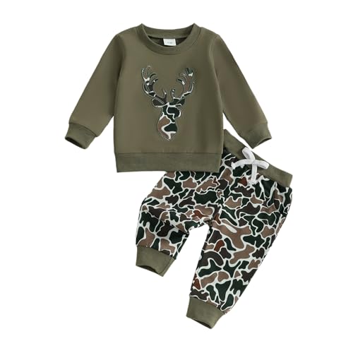 Image of Fufuriprefer Toddler Baby Boy Fall Clothes Camo Outfit Animal Embroidery Long Sleeve Sweatshirt Camouflage Pant Set