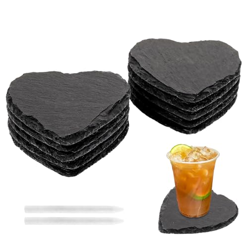 GBACHOOSE Lot de 10 sous- de verre en ardoise (10 x 10 cm)100% en forme de cœur naturel avec stylo à craie, plateaux de service en ardoise pour sushis, fromage,...