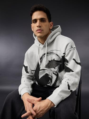 Image of The Souled Store Kung Fu Panda: The Hero Men and Boys Full Sleeves Hooded Neck Grey Graphic Cotton Blend Oversized Fit Hoodie