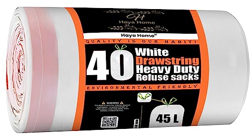 Haya Home 45L Liter 40 Drawstring Swing Bin Liner Lavender scented Bin Bags Heavy Duty Bin Liners White Plastic Refuse Sacks tie top handle large Waste Dustbin Bags for Kitchen Home Office DIY Garden
