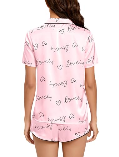 Image of Silk Pajamas for Women Satin Womens PJ Set 2 Piece Short Lounge Set Summer Sleepwear Notch Collar Button-Down Pjs