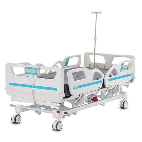 Happybuy Premium 5 Function Full Electric Hospital Bed,ICU Electric Medical Bed with Cardiac Chair Position, Trendelenburg & Reverse Trendelenburg, 5-Inch Locking Casters for Home Hospital Use, 550LBS