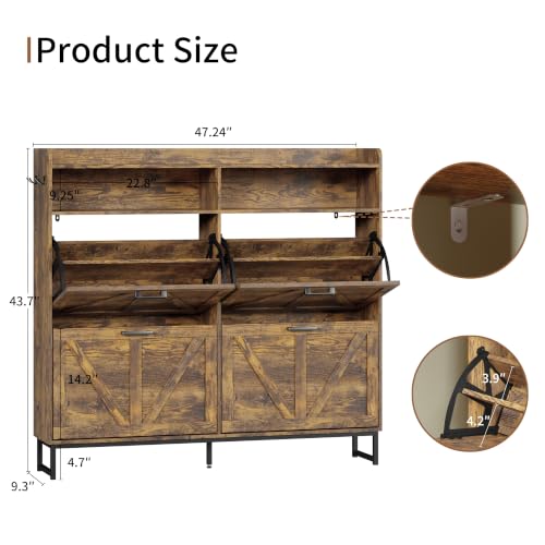Image of Shoe Cabinet with 4 Flip Drawers, Freestanding Hidden Shoe Storage Organizer for Entryway, Narrow Slim Shoe Rack Cabinet with Open Storage & Hooks for Front Door Entrance, Living Room, Hallway, Brown