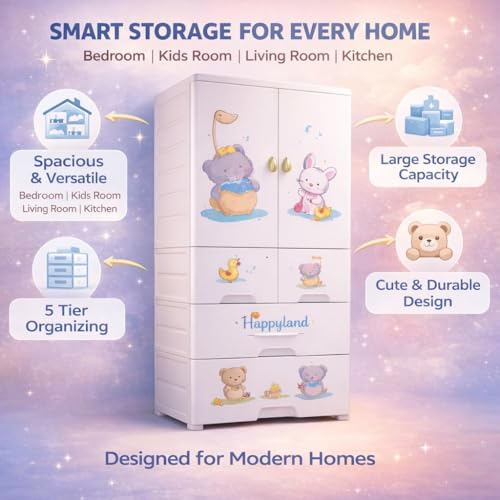 Image of Mevigo 4- Door Plastic Wardrobe for Kids| Almirah and Wardrobe for Baby Clothes| Modular Storage Cabinet with Wheel Organizer for Cupboard Rack for Clothes /Shoes /Books /Toy-Funny Bear-SJ6514
