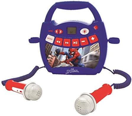 LEXIBOOK MP300SPZ Spider-Man Spiderman-Karaoke Portable Digital Player with 2 Toy mics, Wireless, Bluetooth, USB, Record and Voice Changer Functions, Marvel, red/Blue