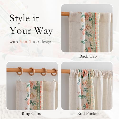 Image of MYSKY HOME Boho Floral Curtains with Butterfly 63 inch Semi Sheer Linen Look for Bedroom Kitchen Bohemian Style Farmhouse Home Decor Light Filtering Privacy Protect Back Tab Drape, 50 inch, Pink, 2 Panels