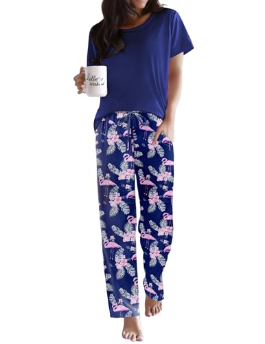 Image of Ekouaer Pajama Sets for Women Round Neck Pjs Short Sleeve Sleepwear with Long Pants Loose Lounge Sets