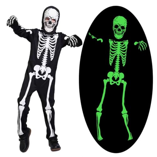 DTXYBC Disfarce esqueleto para crianças, fato esqueleto infantil brilha escuro, disfarce de esqueletos de Halloween que brilha no escuro para crianças, para Halloween, carnaval, cosplay festa (XL)