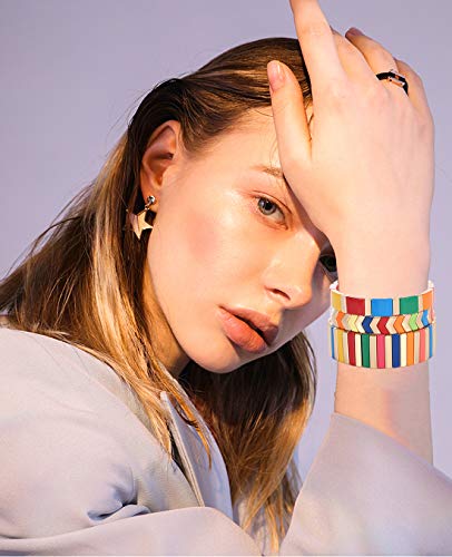 LENOOCLE Rainbow Enamel Tile Bracelet Colorful Enameled Beaded Stretch Bracelet Stackable Color-Block Strand Bracelet Set for Women Men3