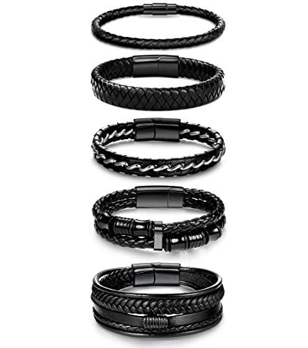 sailimue 5 pcs Black Leather Bracelets for Men Women Braided Leather Wristband Cuff Bracelets Set 7.5-8.5 inch