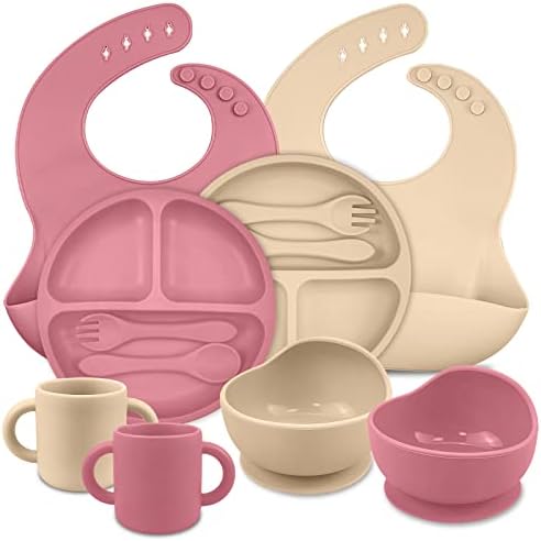 TQONEP Baby Led Weaning Supplies,Baby Feeding Supplies,Toddler Cups,Suction Plates & Bowls,Toddler Utensils Bibs for Baby,Silicone Baby Feeding Set,BPA Free（Pink & White 12 PACK）