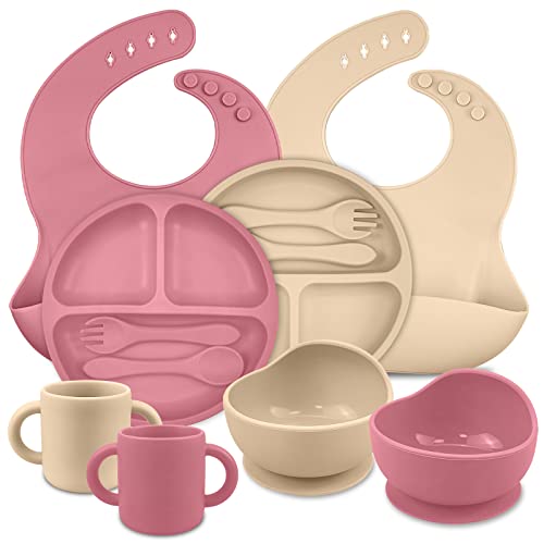 Tqonep Silicone Baby Feeding Set,Baby Led Weaning Supplies Suction Divided Plates Adjustable Silicone Toddler Soft Bowl Spoons Forks Silicone Toddler Cup Bpa Free（Pink & White 12 Pack） #TOP7