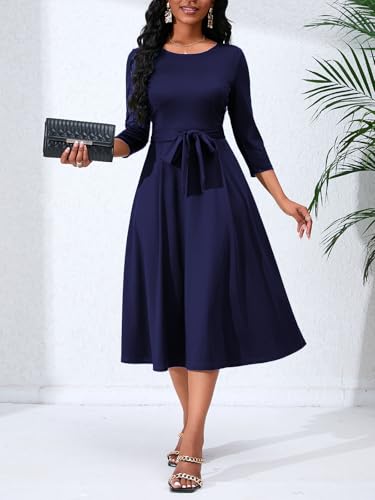 Image of PerZeal Women's Caual Midi Dress 3 /4 Sleeve Crewneck A-line Swing Dress for Women with Belt for Wedding Guest & Cocktail Party Navy Medium