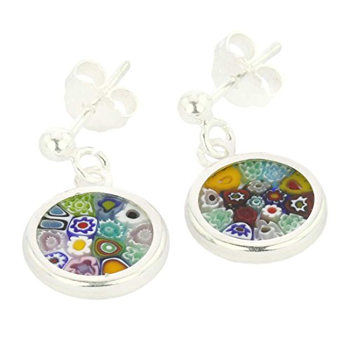 Glass Of Venice Italian Murano Glass Earrings Small Stud Round Multicolor Millefiori Flower In Sterling Silver 3/8 Inch - Murano Glass Earrings For Women2