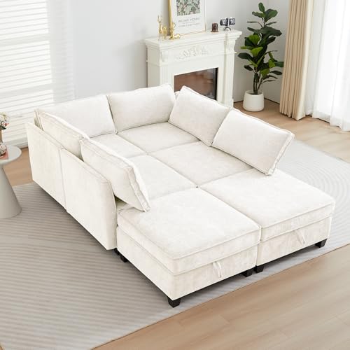 Image of ORRD Sleeper Modular Sectional Sofa Set, Convertible Couch Bed with Storage, 6 Seater and 4 Armrestes Sofa Modular for Living Room, Office (Beige)