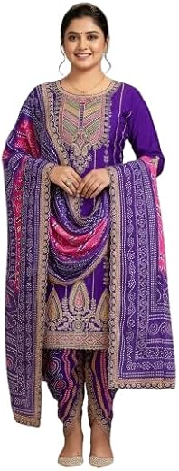 Brulry Women's Purple Bhandani Embroidered Kurta Dhoti Pant With Dupatta