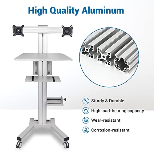 Aw Rolling Pc Cart Mobile Computer Standing Workstation Moving Desktop Desk Cart With Adjustable Dual Monitor Mount Keyboard Tray Printer Cpu Holder Wheels Silver #TOP3