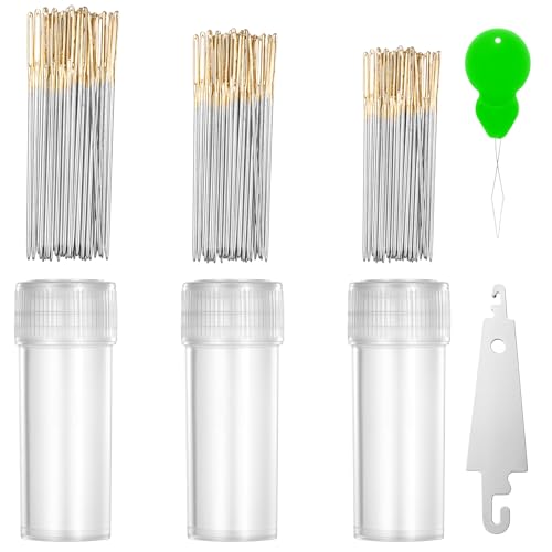 90 Stück Goldene Farbe Großes Auge Handnähnadel Kreuzstichnadeln Größe 3.4/3.8/4 cm Nähen Nadeln Edelstahl Sticknadeln mit 2 Einfädlern Große Augen Nadeln für Handnähen DIY Handwerk