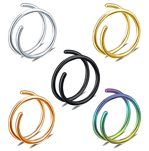 18G & 20G Double Nose Ring for Single Piercing - Stainless Steel Left & Right Spiral Hoops