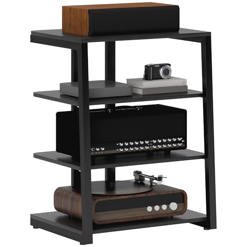 HOMCOM HiFi Stand 4-Tier Media Storage Shelf with Adjustable Shelves Power Strip Rack for Router Record Player Printer Industrial TV Stand for up to 28 Inch TVs Black
