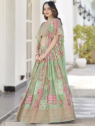 Image of Women's Digital Print With Zari Dori Embroidery Work Chinnon Silk Lehenga Choli With Dupatta (Women-Lehenga-Choli-New; Free size)