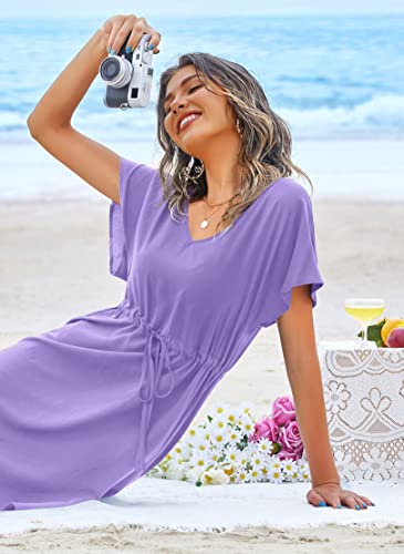 Image of Ekouaer Womens Swimsuit Coverup Short Sleeve Beach Cover Up Dress V Neck Bikini Beachwear