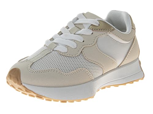 KENSIE GIRL Casual Fashion Sneakers Lace Up Shoes - Kids Athletic Shoe Lightweight Breathable Tennis Running Sneaker - White Beige (Size 1 Big Kid)