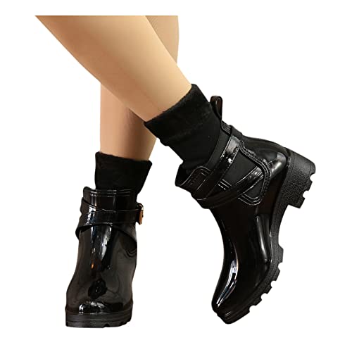 Huyounide Block Heel Ankle Booties Women's Rain Boots Water Shoes for Women's Short Boots Women Outdoor Boots Shoes PVC Boots Chunky Mid Heel Chelsea Booties Black