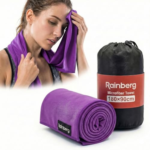 Rainberg Microfiber Towel (180x90cm), Large Gym Towel, Quick Dry Towel – Fast Drying, Super Absorbent, Ultra Compact, Lightweight, Great for Camping, Gym, Beach & Swimming (Purple)