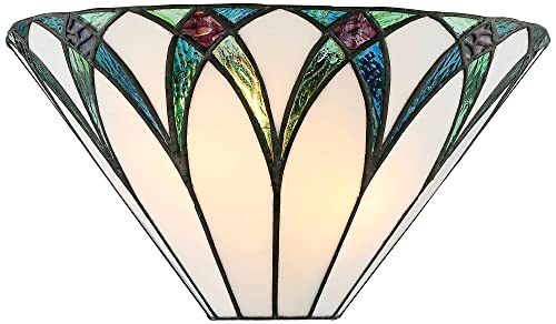 Image of Regency Hill Filton Vintage Tiffany Style Wall Light Sconces Set of 2 Bronze Metal Hardwired 12 1 /4 inch Fixture Blue White Art Glass for Bedroom Bathroom Vanity Living Room Home Hallway Dining