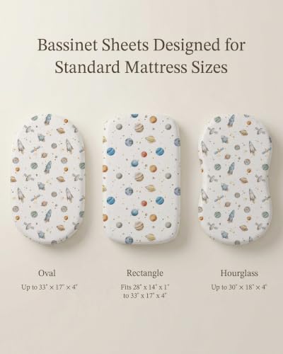 Image of Bassinet Sheets for Baby Girls Boys 2 Pack, Fitted Baby Mattress Sheet for Rectangle, Oval, Hourglass Bassinet Mattress, Breathable Cozy & Universal Fit (Stellar Adventure, Bassinet Sheet)