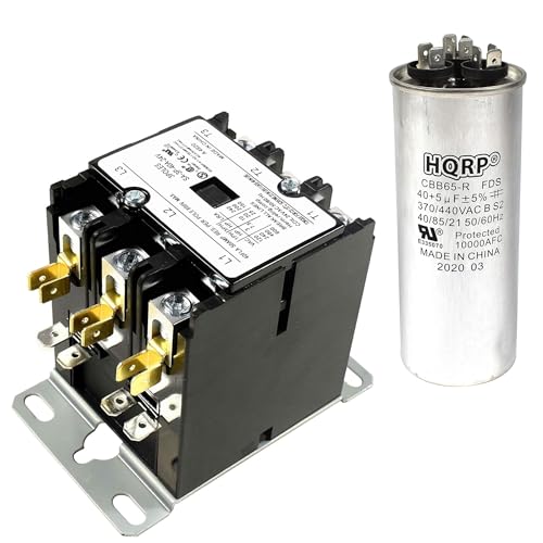 HQRP Bundle Three Pole / 3-Pole 40 Amp Coil 24-Volt AC Contactor Plus 40uf+5uF 370-440V Dual Run Capacitor