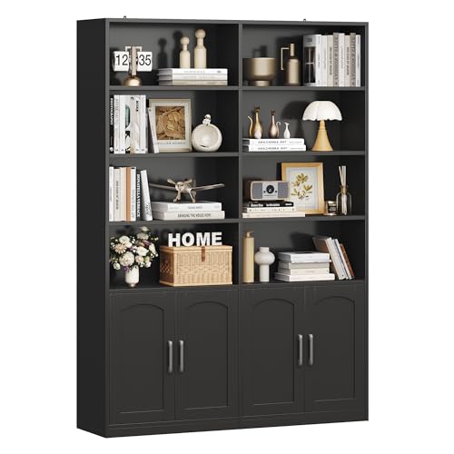 Bookshelf and Bookcase with Doors, 6 Tier Double Wide Large Bookshelves, Open Display Shelves, 73” Tall Bookshelf with Storage Cabinets for Home Office, Living Room, Library, Black