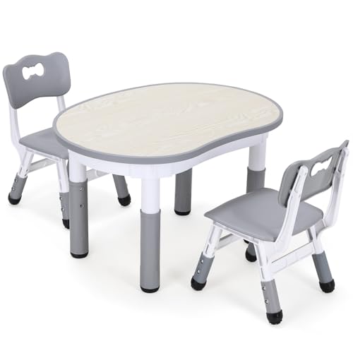 Clevich Kids Table with 2 Chair Sets Height Adjustable Peanut-Shaped Table and Chair Set for Ages 2-10 Multifunctional and Easy to Wipe Art Table Kids Activity Table for Home Classrooms Daycares