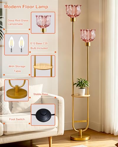Image of Lightdot 2-Lights Modern Glass Floor Lamp with Table Gold Standing Tall Lamps with Pomegranate Red Glass Shade, Flower Floor Lamp with Foot Switch for Living Room Bedroom Home Decor (Bulbs Included)