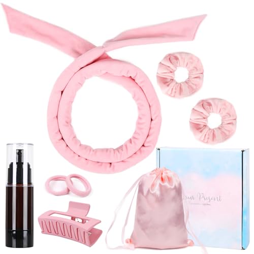 Heatless Curlers Headband, Heatless Curls Set, Soft Velour Heatless Hair Curler, Hair Curlers No Heat for Hair DIY (Pink)