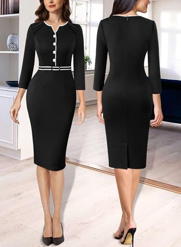 VFSHOW Womens Work Office Business Pleated Notch V Neck Buttons Fitted Belted Pencil Sheath Dress2