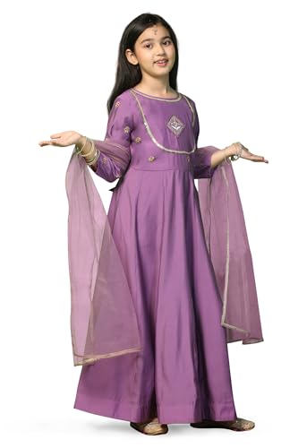 Image of Fashion Dream Girls Chanderi Embroidered Maxi Dress with Dupatta|Ethnic Gown for Kids